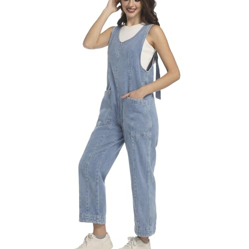 VOHOTO Womens Denim High Roller Jumpsuits Jean Overalls Baggy Loose Fit Adjustable Straps Casual Sleeveless Jumpers Long Pants with Pockets | Amazon (US)