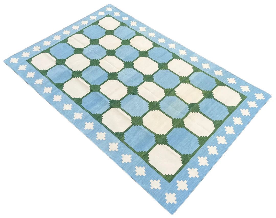 Modern Handmade Cotton Area Flat Weave Rug, Natural Vegetable Dyed Blue & Green Tile Pattern Indi... | Etsy (US)