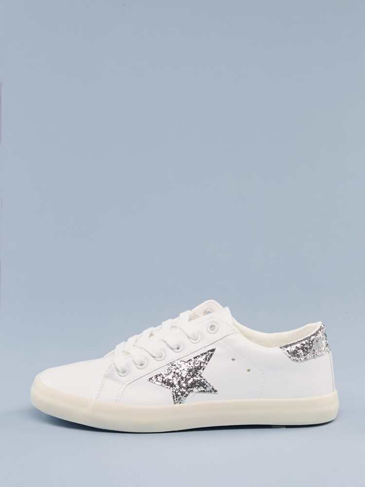 Lace Front Glitter Star Low Top Sneakers | SHEIN