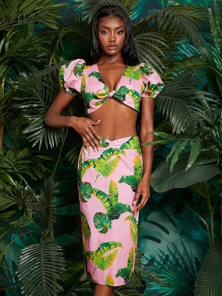 SHEIN NEWNESS Tropical Print Puff Sleeve Drawstring Back Tie Front Top & Slit Skirt | SHEIN