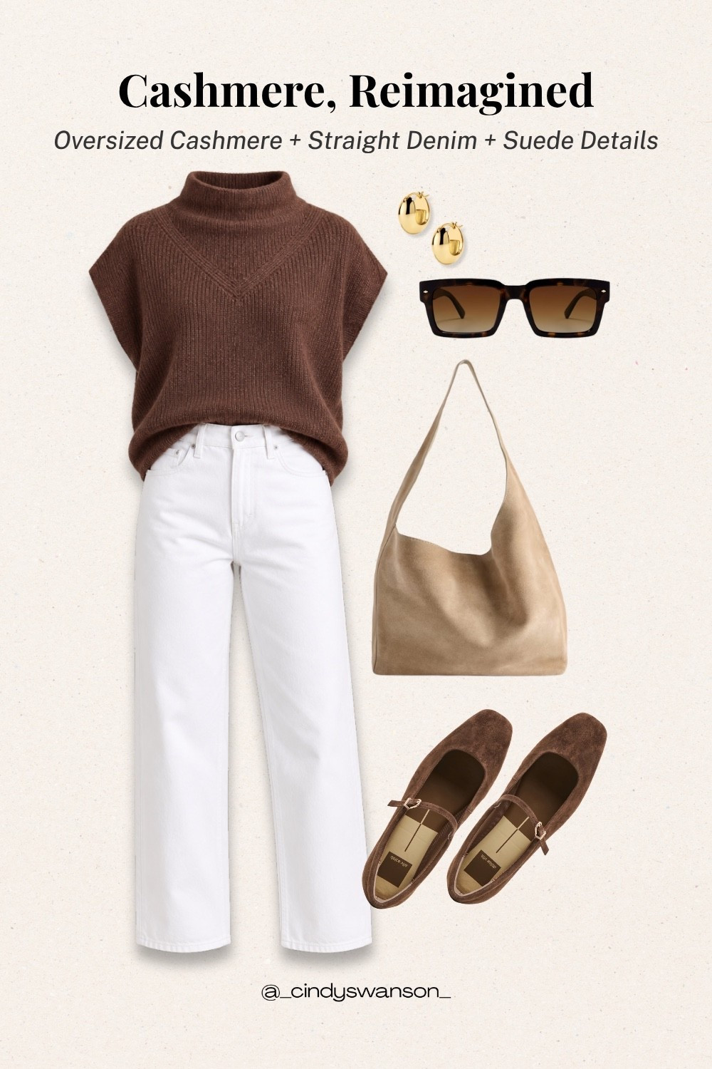 I love the simplicity of a rich chocolate cashmere sweater with crisp white denim. The relaxed, oversized shape feels effortless, while suede Mary Jane flats, a neutral bag, and classic sunglasses add just enough polish for an easy everyday look.

#LTKOver40 #LTKootd #LTKTravel