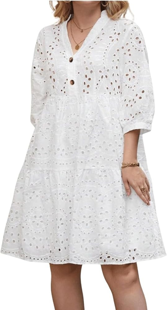 utcoco Women's 2024 Eyelet Lace Midi Dress V Neck Puff 3/4 Sleeve Button Tiered Sexy A Line Sun D... | Amazon (US)