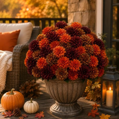 12 Bundles Artificial Mums for Outdoors, Faux Fall Chrysanthemum Flowers | Amazon (US)