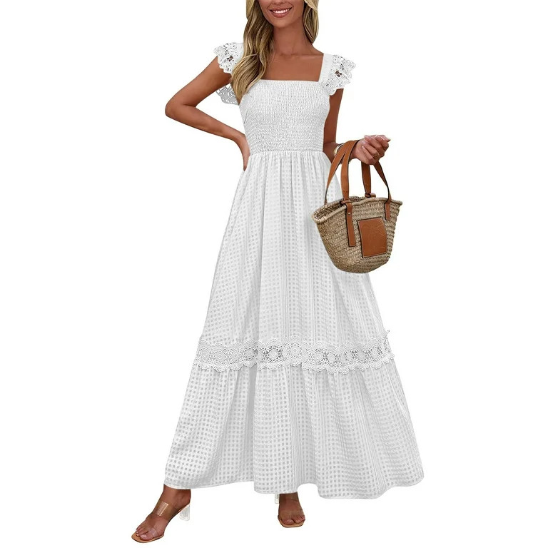 FDGIU 2025 Women's Linen Summer Dresses - Sleeveless Round Neck Smocked Tiered Midi Sundress, Loo... | Walmart (US)