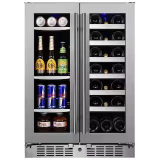 Transcend 24 in. 64 Can and 20-Bottle Seamless Stainless Steel French Door Dual Zone Built-In Bev... | The Home Depot