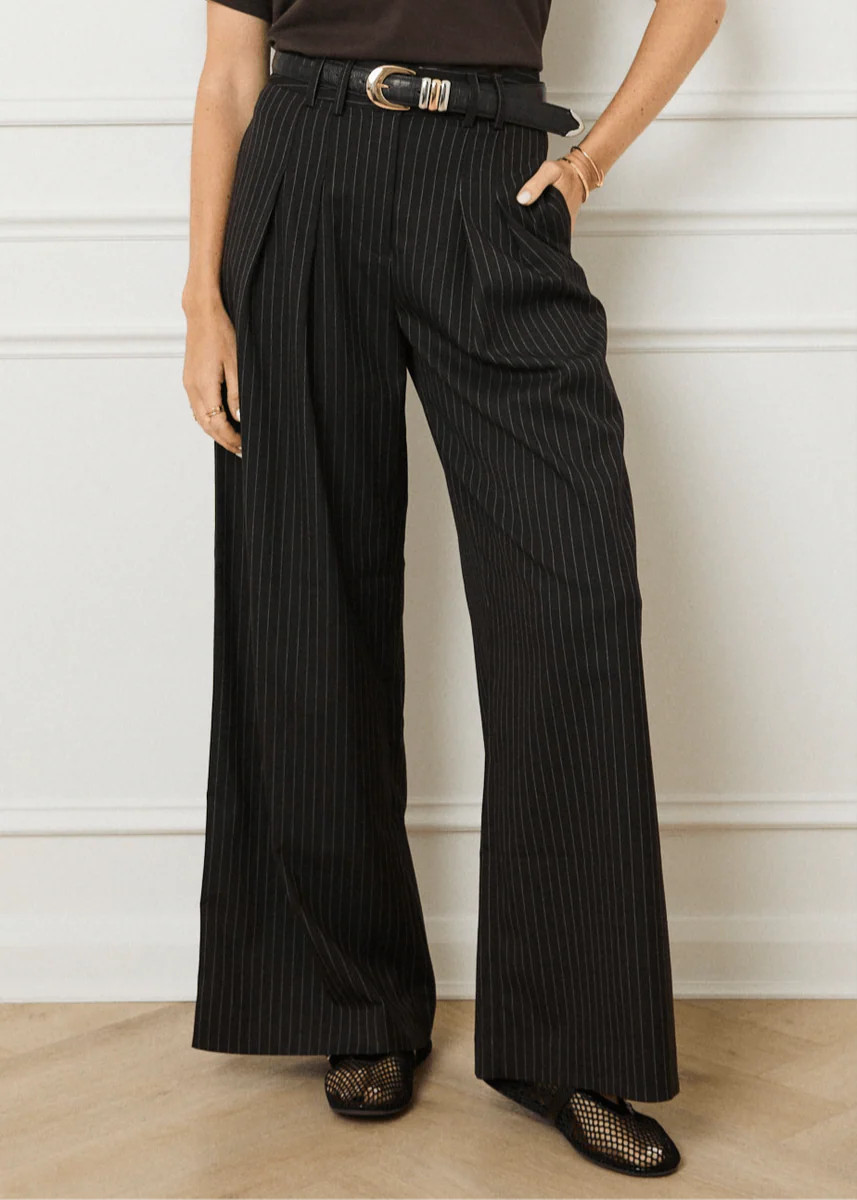 PINSTRIPE TAILORED WIDE LEG TROUSERS - BROWN | WAT The Brand
