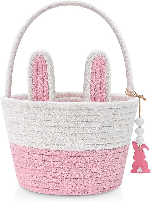 Easter Baskets for Kids, Pink Small Woven Rope Bunny Personalized Easter Basket Empty with Handle... | Amazon (US)