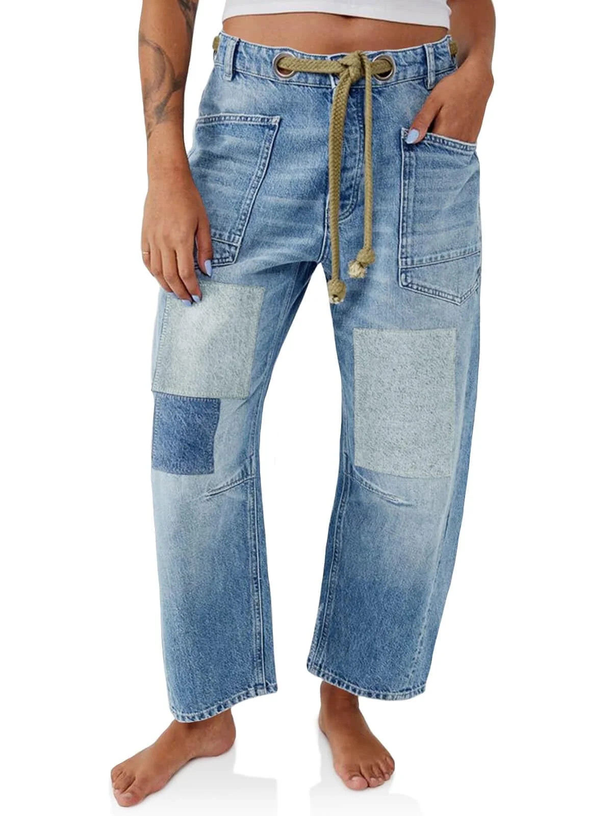 Womens Low Rise Baggy Barrel Horseshoe Jeans Patchwork Denim Pants with Pockets | Walmart (US)
