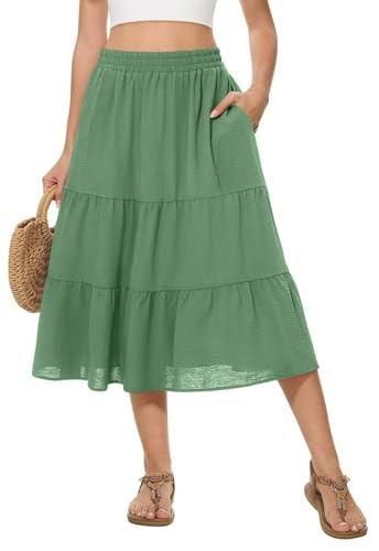 AYIFU Women's Summer Midi Skirt Tiered Flowy High Waist A-Line Elastic Ruffle Casual Skirts with Pockets (Army Green, XXL) | Amazon (US)