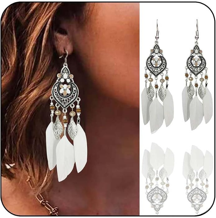 Bohemian Earrings Feather Tassel Silver Ethnic Retro Boho Dangle Earring Bead Women Jewelry for B... | Amazon (US)