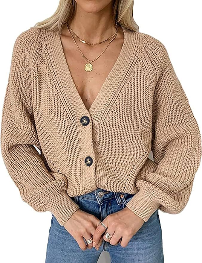 Chigant Women's Long Sleeve Cable Knit Sweater Open Front Cardigan Button Loose Outerwear | Amazon (US)