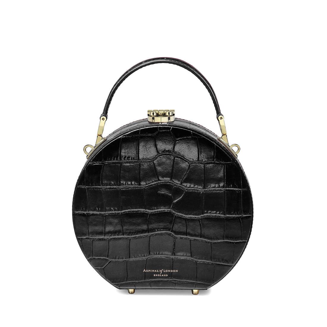 Hat Box in Deep Shine Black Croc with Narrow Strap | Aspinal of London