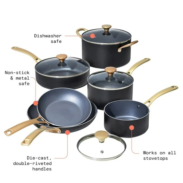 Beautiful 10 PC Cookware Set, Black Sesame by Drew Barrymore - Walmart.com | Walmart (US)