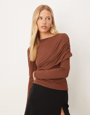 ASOS DESIGN draped long sleeve top in brown | ASOS (Global)