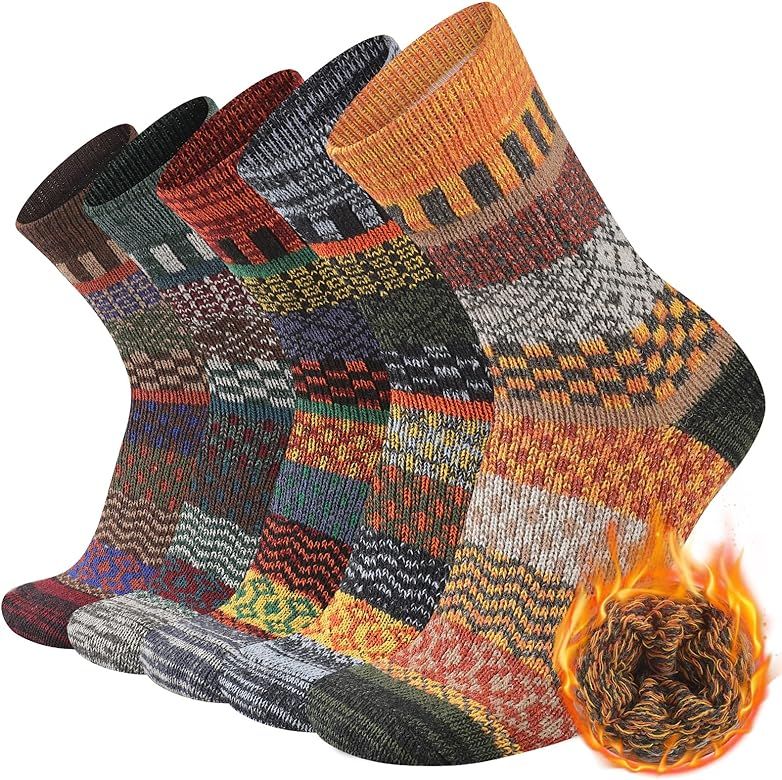 Heatuff Mens Warm Wool Socks Thermal Winter Thick Crew Pattern Socks Cold Weather 5 Pairs | Amazon (US)