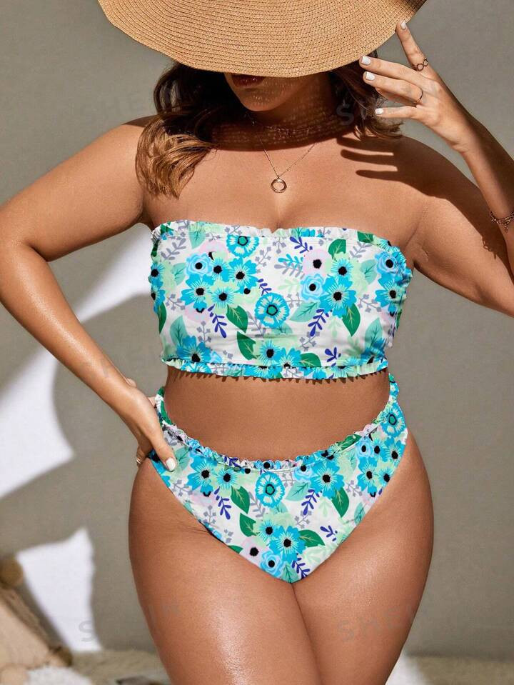 SHEIN Swim Curve Plus Size Summer Beach Floral Printed Swimsuit Set | SHEIN