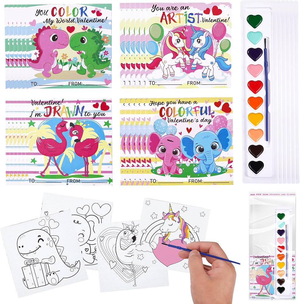 24 Pack Valentines Day Gifts for School Class Gift Exchanges Kids Watercolor Paint Set with 4 x 4... | Amazon (US)