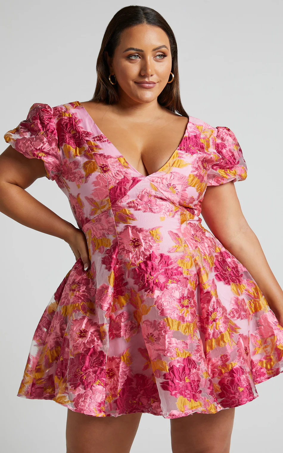 Brailey Jacquard Mini Dress - Puff Sleeve Dress in Pink | Showpo (US, UK & Europe)