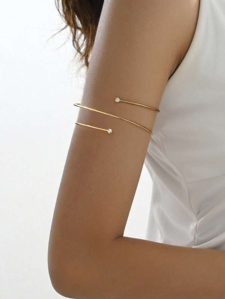 1pc Simple Metal Gemstone Double-Layer Spiral Diamond Set Bangle, Gold-Colored Opening Bangle For Couples, Party, Banquet, Dress Up, Armlet, Arm Bracelet, Perfect Gift For Girlfriends On Dates, Exquisite Jewelry | SHEIN