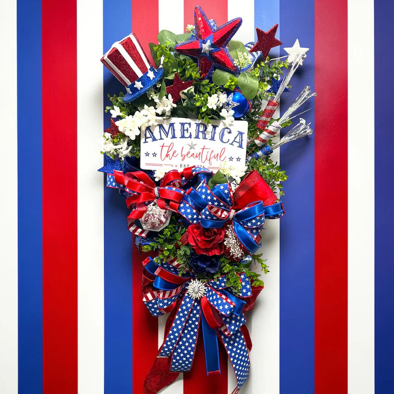 Patriotic Door Swag, Red, White, and Blue Designer Ribbon, Rhinestone Bling, Handmade Americana D... | Etsy (Global)
