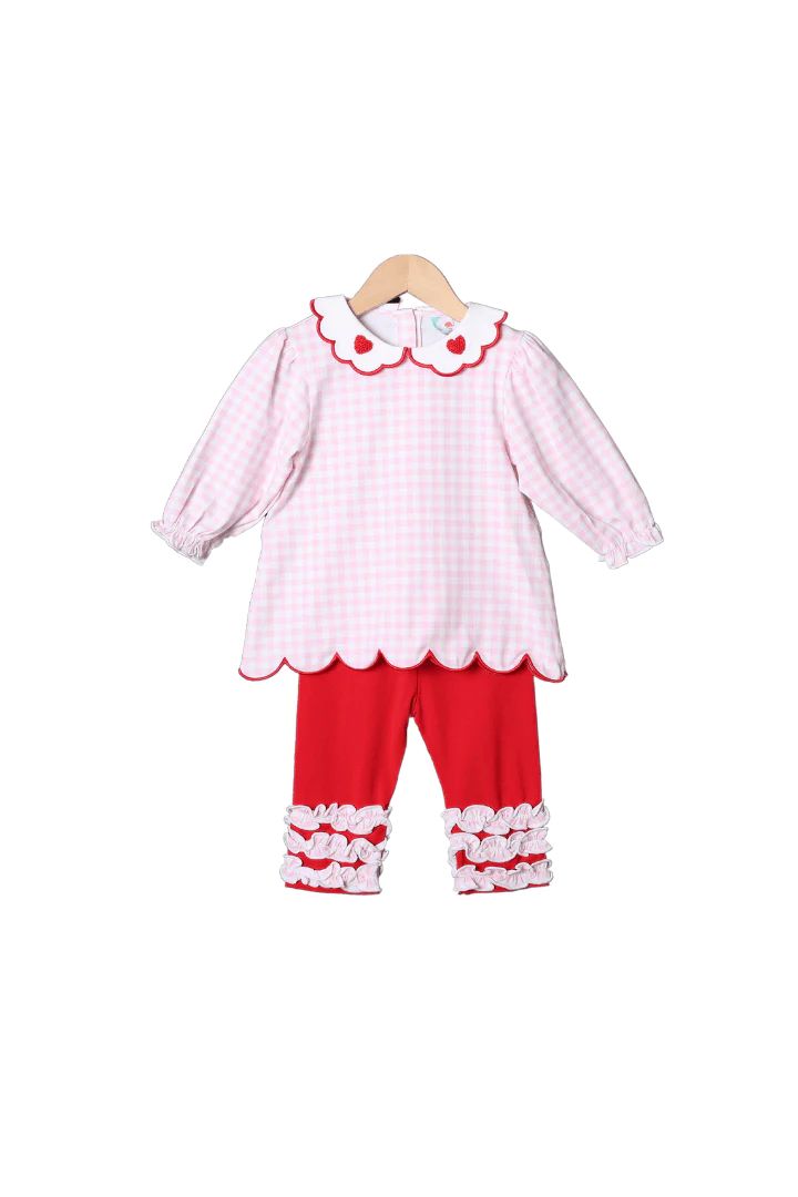 French Knot Red Heart Pink Gingham Pant Set | The Smocked Flamingo