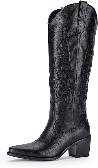 Amazon.com | Pasuot Black Cowboy Boots for Women - Knee High Wide Calf Cowgirl Boots with Western... | Amazon (US)