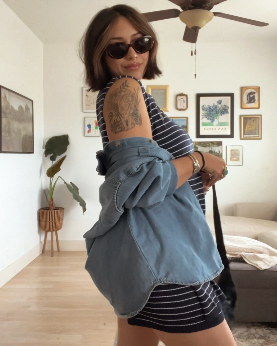 the cutest navy striped shorts and tank top set from amazon for pregnancy and midsize bodies!only $29.99 and $17.99 for the next 5 days using code QQBFIATY on Amazon checkout for 40% OFF! wearing a size xl for room to grow. styled with old navy denim button up and my favorite baggu bag with sambaes of course.
