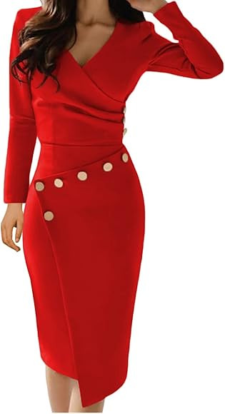 Lrady Women's Deep V Neck Casual Work Bodycon Cocktail Party Pencil Midi Dress | Amazon (US)