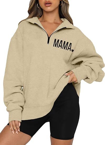 MOUSYA Oversized Mama Sweatshirt Women Half Zip Long Sleeve Shirt Casual Crewneck Loose Pullover ... | Amazon (US)