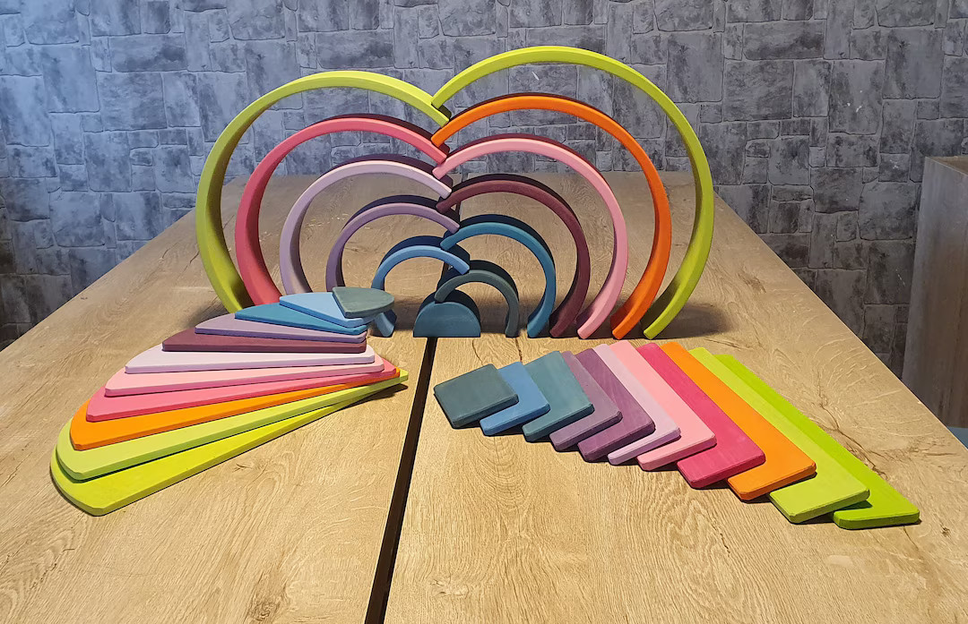 Wooden Waldorf Rainbow Stacker Pastel Toy Grimms Style Large 12 Pcs. Montessori Stacking Open End... | Etsy (US)