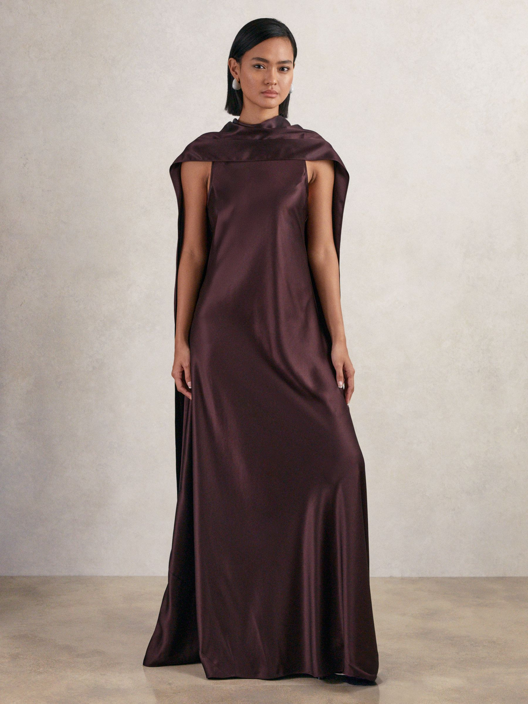 Reiss Satin Cape Maxi Dress in Burgundy | REISS | Reiss US