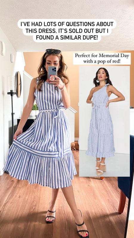 Memorial Day dress. Striped blue and white dress. Striped dress. Midi dress. One shoulder dress. Striped midi dresss

#LTKstyletip
