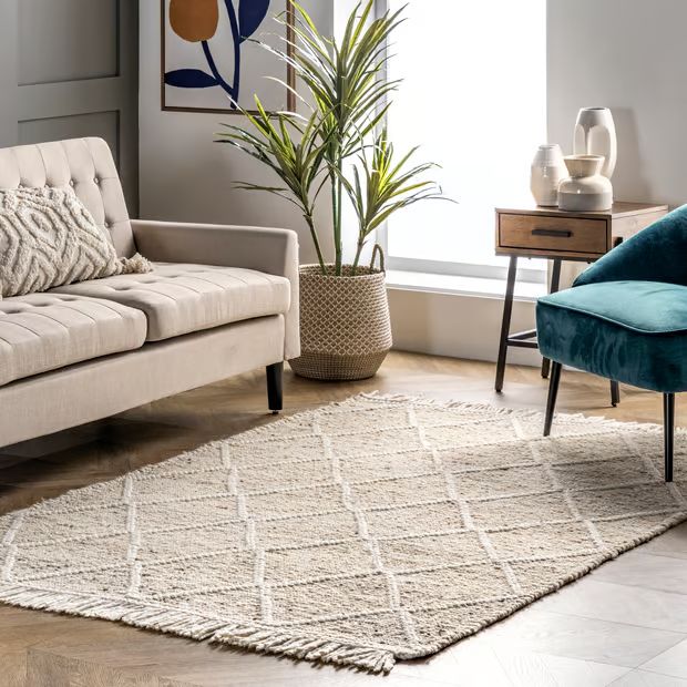 Beige Textured Trellis Tasseled 4' x 6' Area Rug | Rugs USA