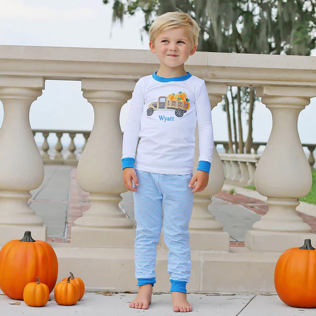 Pumpkin Harvest Truck Light Blue Pajamas | Classic Whimsy
