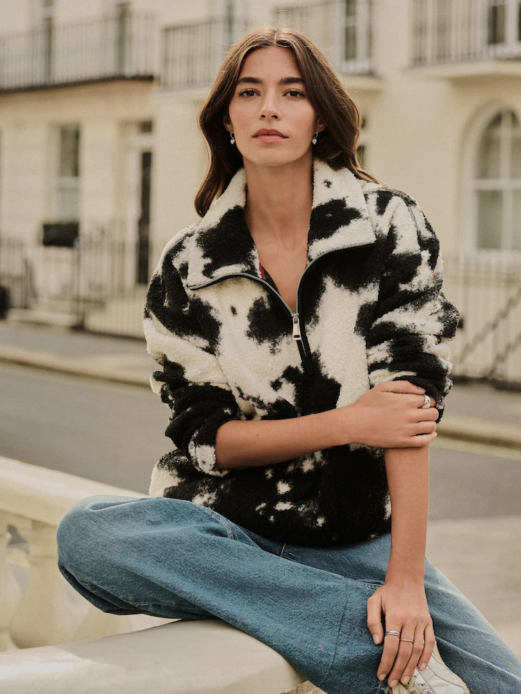 Black/Ecru Cow Print Soft Touch Cosy Teddy Borg Quarter Zip Fleece | Next US