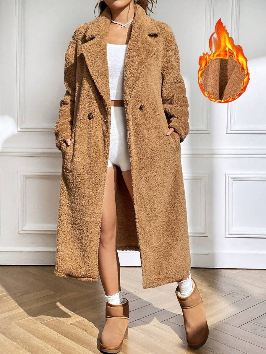 SHEIN Qutie Lapel Neck Drop Shoulder Teddy Coat | SHEIN