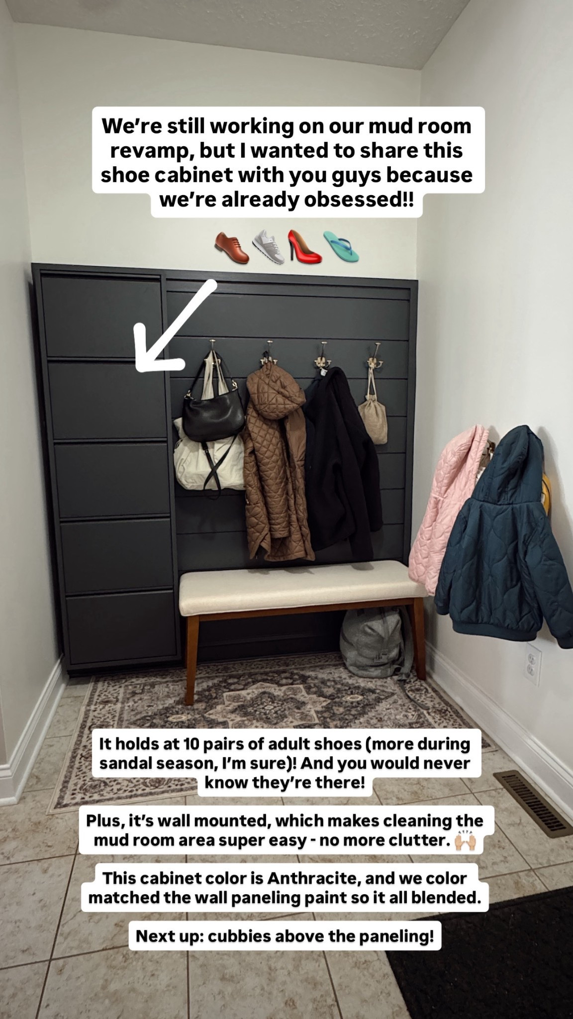 We finally found a shoe solution for our mudroom that actually works 👏🏼

This wall-mounted shoe cabinet keeps shoes completely hidden (which instantly makes the space feel calmer), and I love that it’s off the floor so cleaning underneath is easy. No more vacuuming around piles of shoes 🙌🏼

It holds about 10 pairs of adult shoes, and even more in the summer when everyone’s in sandals. It’s super sturdy, and the dark color helps hide dirt, which is a must in a high-traffic entryway.

If you’re tired of shoes everywhere and want your mudroom to feel more organized without adding visual clutter, this has been such a good find for us.

Linking here! Drop questions if you have them. ♥️

#LTKmomlife #LTKHome #LTKKids