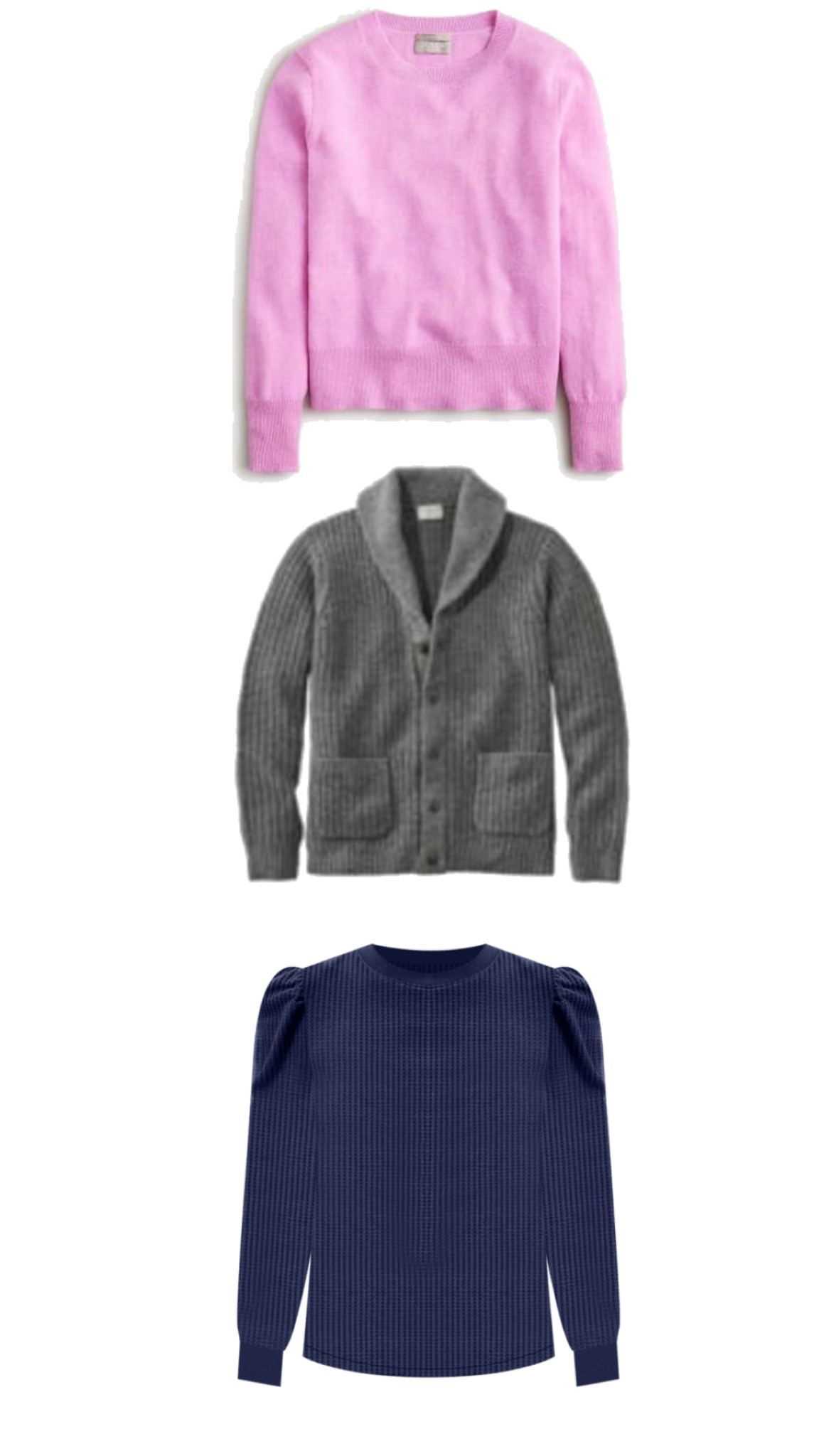 Three sweaters I can’t live without!  Love my pink cashmere sweater by J.Crew, my grandpa shawl collar sweater by LLbean and my puff sleeve navy cashmere sweater by J.McLaughlin.  #cashmereswestet #puffsleevesweater #grandpaswester #shawlcollarsweater 

#LTKstyletip #LTKsalealert #LTKover40