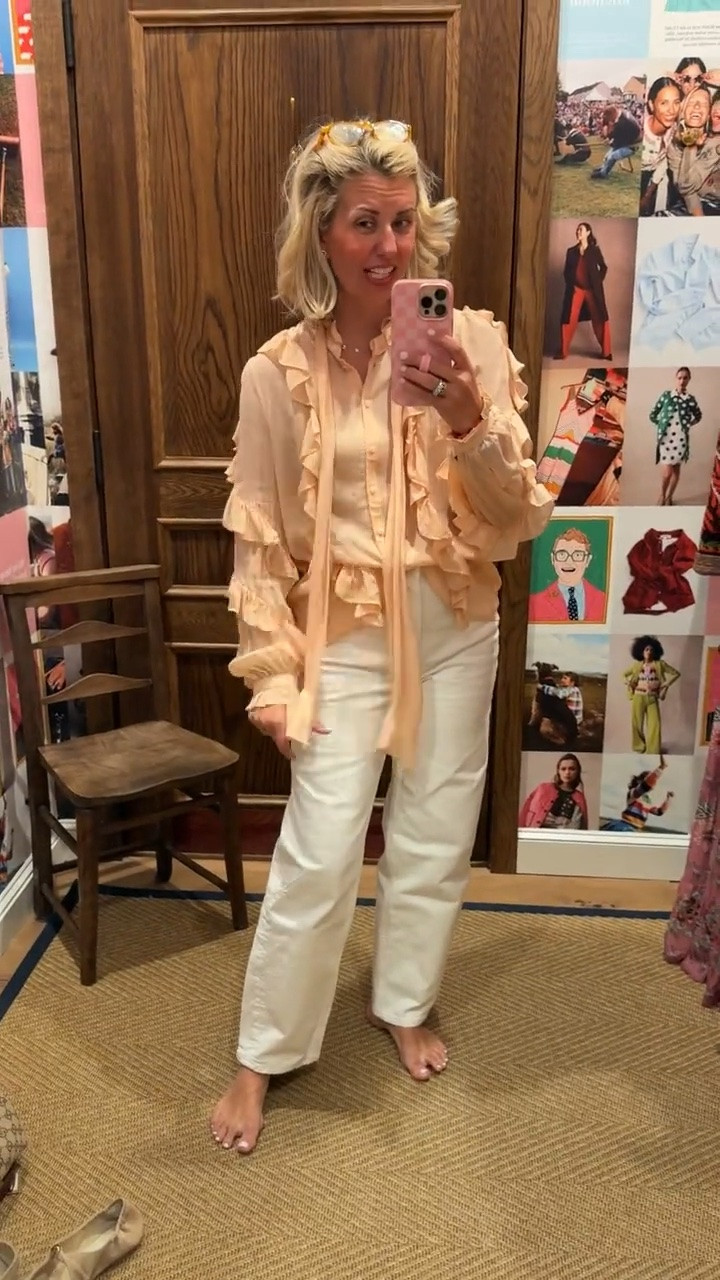 Boden Dressing Room Diaries! Gorgeous ruffle blouse paired with barrel jeans. 
Codes:
*Boden - RNMV 15% off new styles 
*Allie + Bess - Catherine20 

Sizing:
Barrel Jeans - 25 
Ruffle Blouse - 4 (need 2)
Pink Floral Dress - 4 
Pink Sweater - xs 
Denim Dress - 4
Pink Blouse - 2 
Paisley Pants - 0 (need 2)
Gingham Sweater - xs 
Cord pants - 0 (need 2 petite) 
Wrap Cardigan - xs

#LTKdayinmylife #LTKSeasonal #LTKOver40