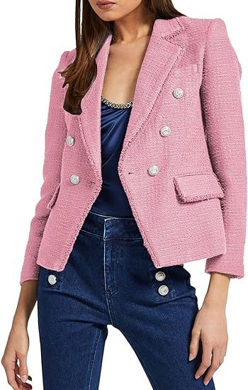 Womens Fashion Casual Double Breasted Tweed Blazer Long Sleeve Open Front Work Office Blazers Sui... | Amazon (US)