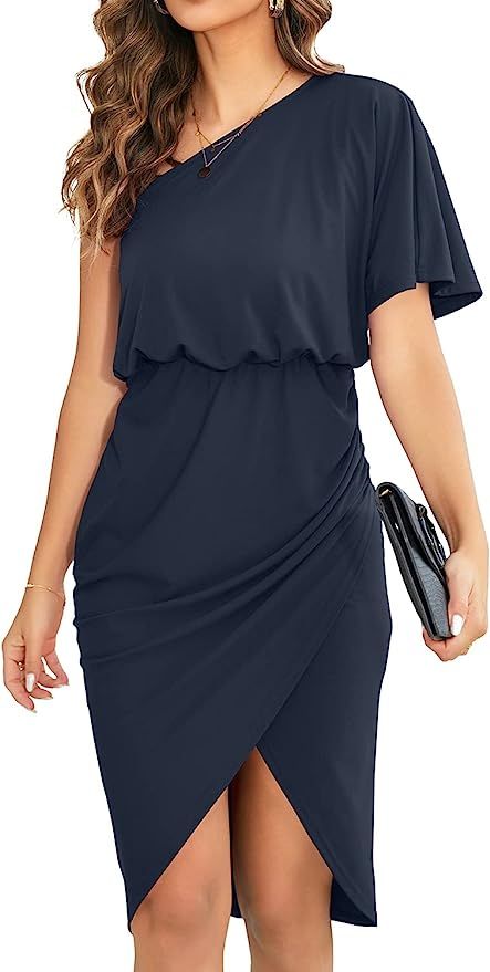 OWIN Women's Summer One Shoulder Short Sleeves Dress Casual Ruched Split Wrap Cocktail Party Midi... | Amazon (US)