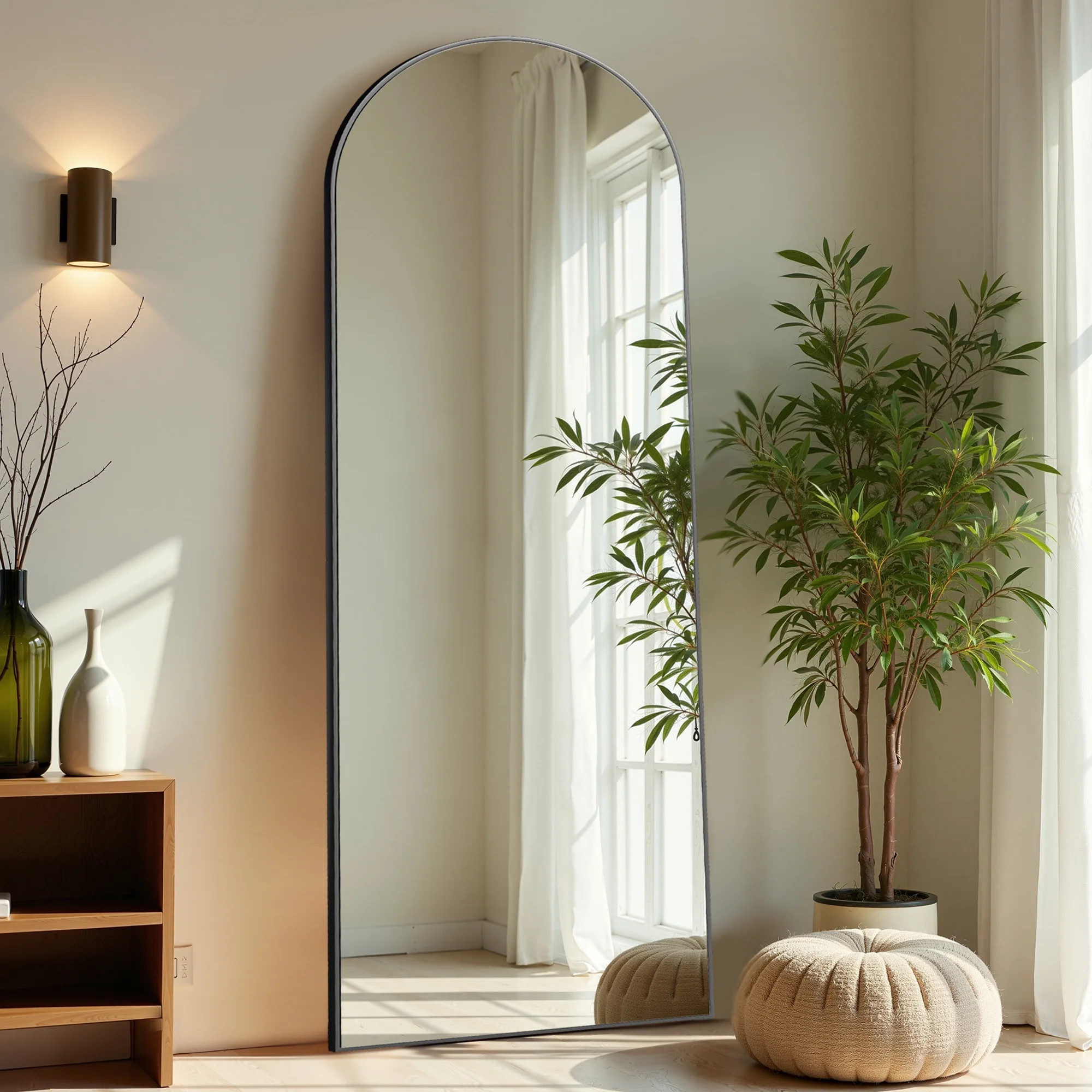 MAYEERTY 71"x32" Wood Floor Mirror Arched Full Length Mirror with Bracket,Black | Walmart (US)