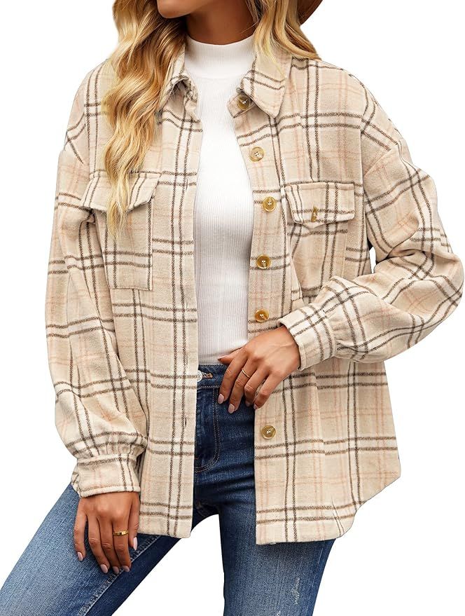GRAPENT Womens Shacket Jacket Oversized Plaid Flannel Button Down Shirt Jackets Long Sleeve Coats | Amazon (US)