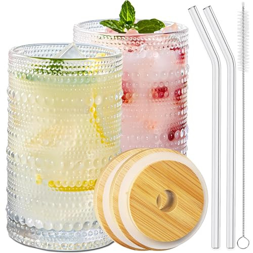Ework4U 2 Pcs Iced Coffee Glasses Cups with Bamboo Lids and Straws,14 oz Thick Emboss Beaded Drinking Glass Cup Set,Latte Glasses,Ideal for Water,Soda,Gift - with Cleaning Brushe | Amazon (US)