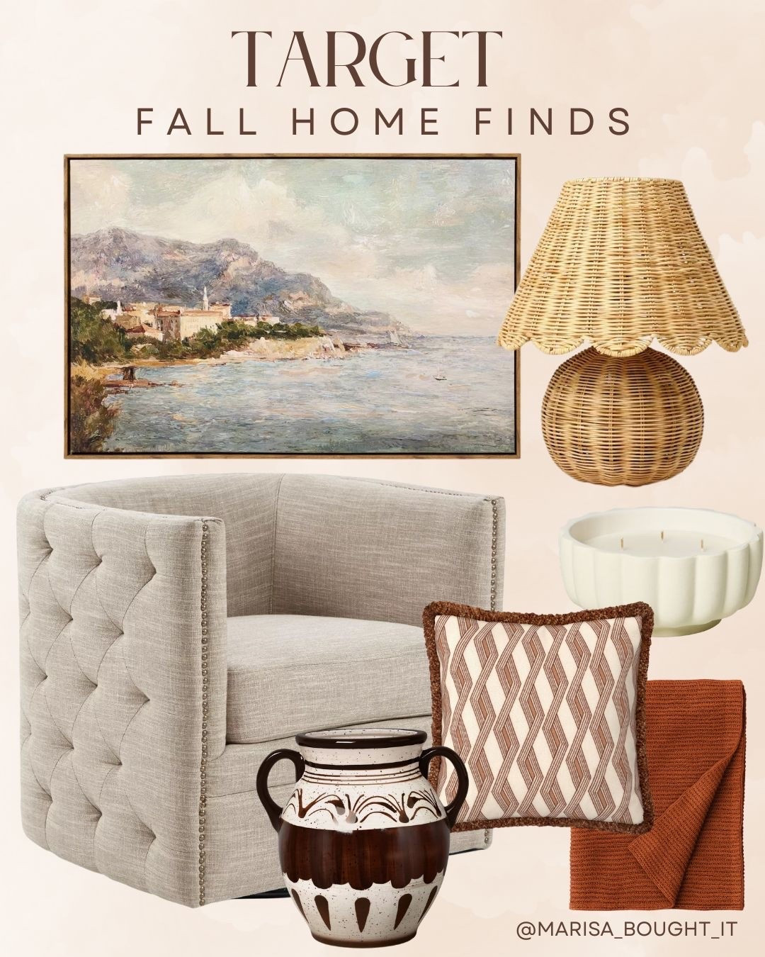 I put together this cozy living room setup with a tufted accent chair, woven lamp, framed landscape art, patterned pillow, and warm rust throw. Pure autumn warmth for your home! 🌾

#TargetHome #TargetFinds #FallHomeDecor #TargetStyle #LTKhome #CozyVibes #NeutralDecor #ModernFarmhouse #LivingRoomInspo #HomeFinds #LTKunder50 #AutumnDecor

#LTKSeasonal #LTKHome