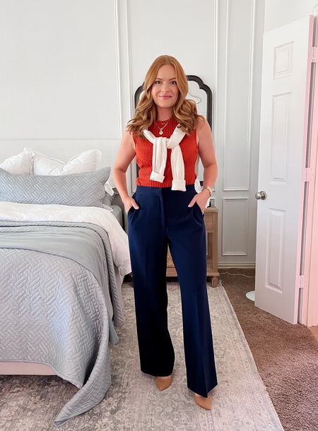 Styling navy slacks for any occasion! The pop of orange against the navy is such a statement and a fun option for the office! Style the slacks with heels or flats!

Sizing:
Top: small
Pants: small

#LTKworkwear #LTKfindsunder100 #LTKSeasonal
