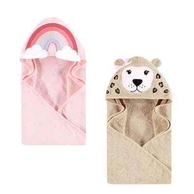 Hudson Baby Infant Girls Cotton Animal Face Hooded Towel Bundle Set, Rainbow Leopard, One Size | Target
