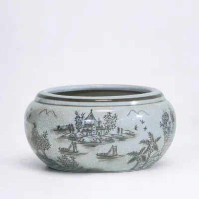 4" Round Porcelain Planter with Chinoiserie Scene, Brown | Wayfair North America