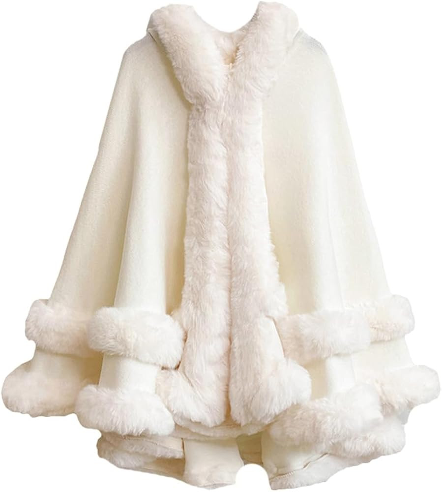 Women's Oversized Knitted Shawl Wraps Faux Fur Trim Open Front Poncho Cardigan Cape Warm Sweater ... | Amazon (US)