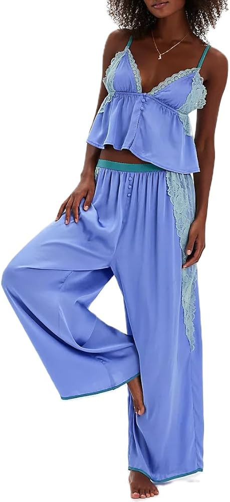 Amiblvowa Silk Satin Pajamas Women Lace Trim Spaghetti Stap Babydoll Tops Mid Waist Wide Leg Pant... | Amazon (US)